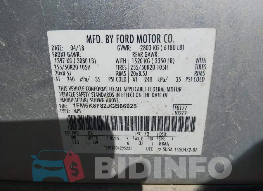 1FM5K8F82JGB66925 Photo# 9
