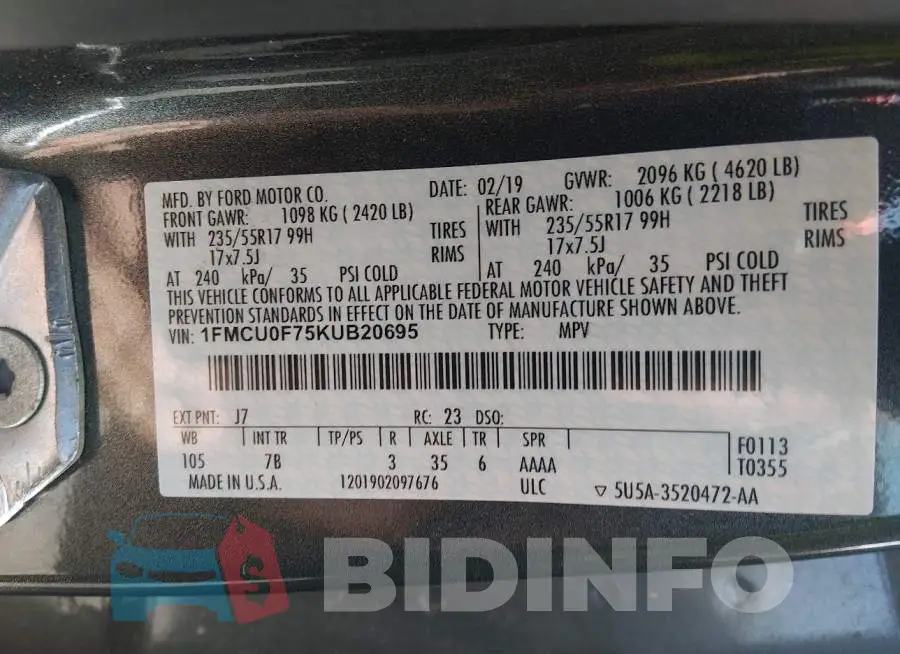 1FMCU0F75KUB20695 Photo# 9