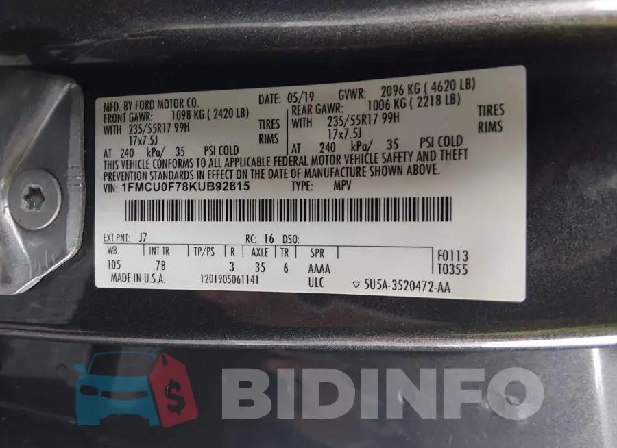 1FMCU0F78KUB92815 Photo# 9