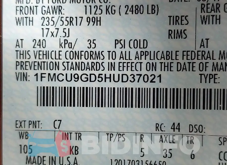 1FMCU9GD5HUD37021 Photo# 9