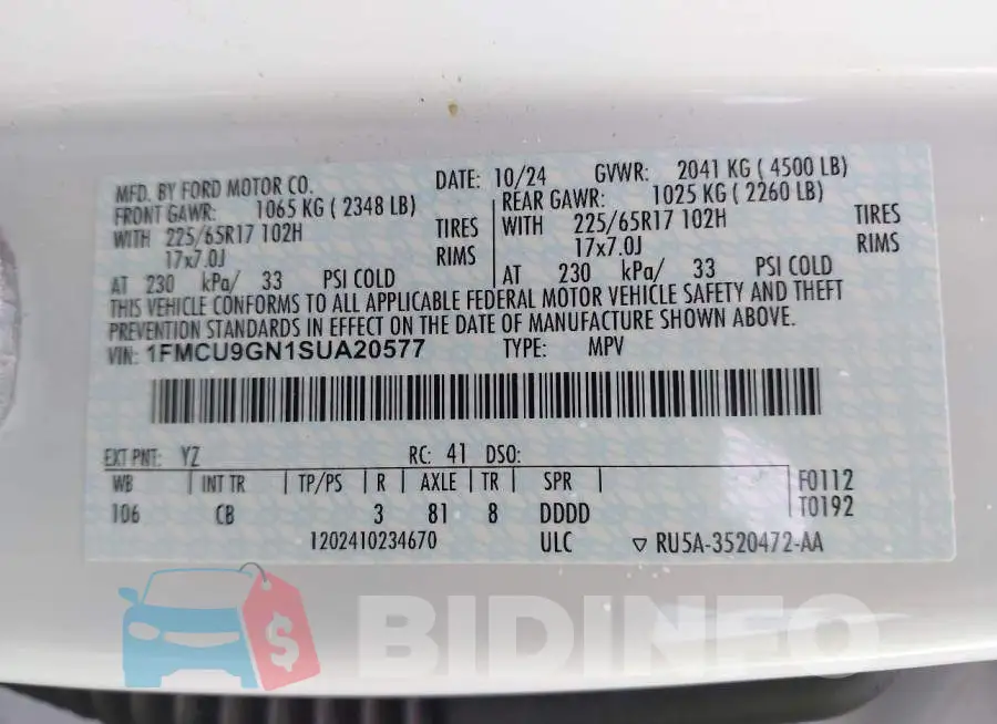 1FMCU9GN1SUA20577 Photo# 9