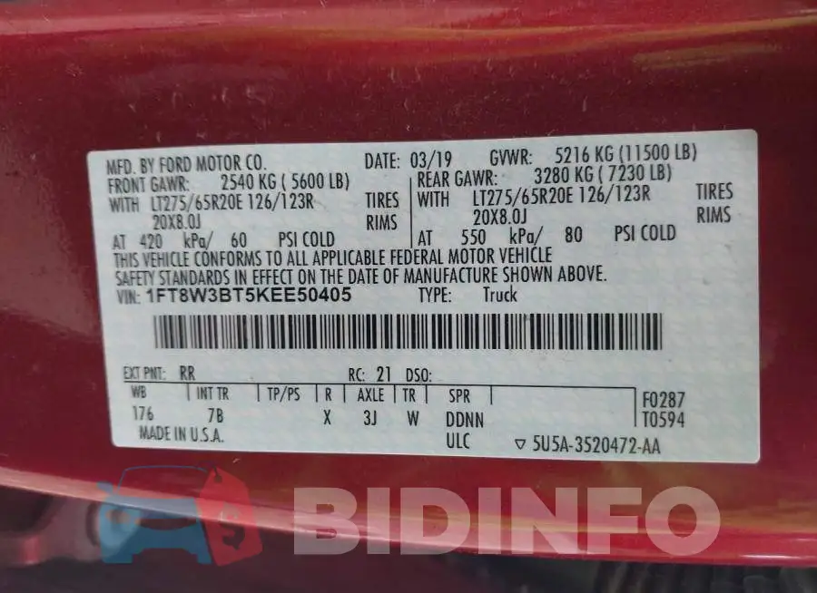1FT8W3BT5KEE50405 Photo# 8
