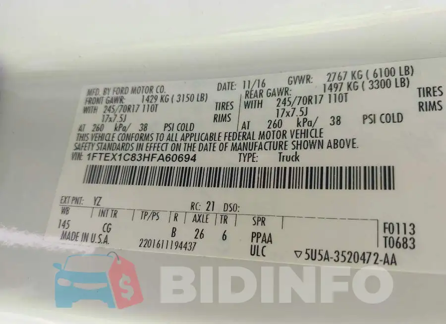 1FTEX1C83HFA60694 Photo# 9