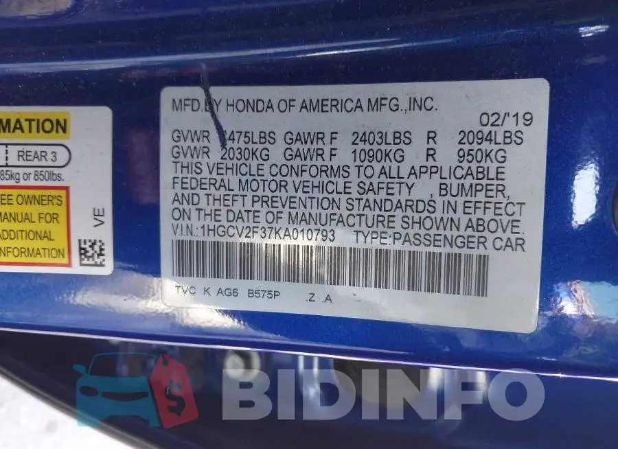 1HGCV2F37KA010793 Photo# 9