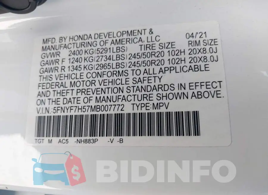 5FNYF7H57MB007772 Photo# 9