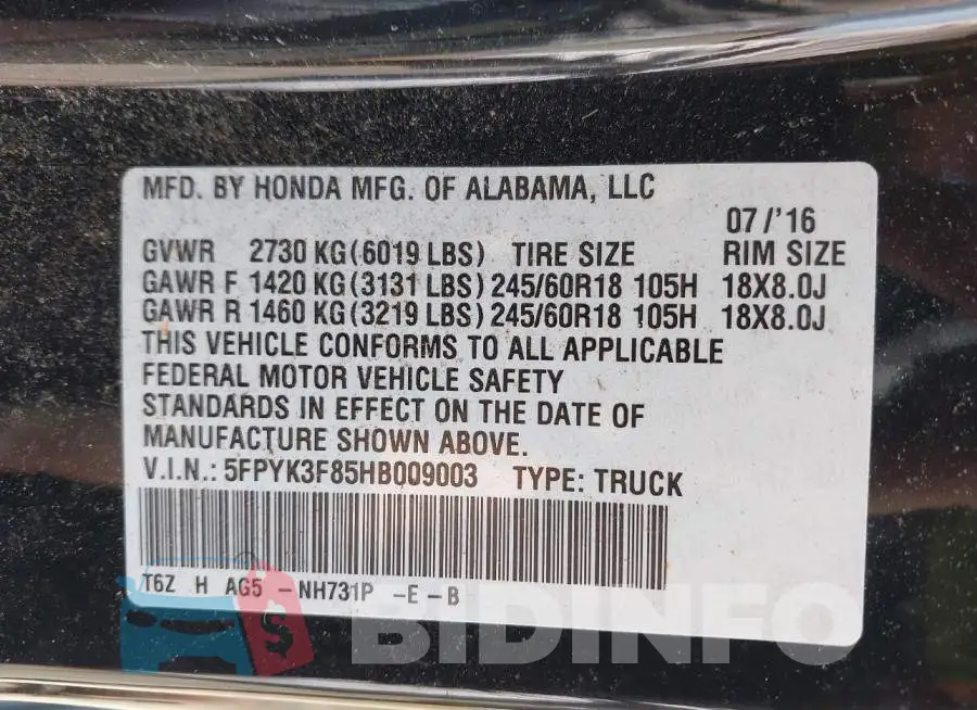 5FPYK3F85HB009003 Photo# 9