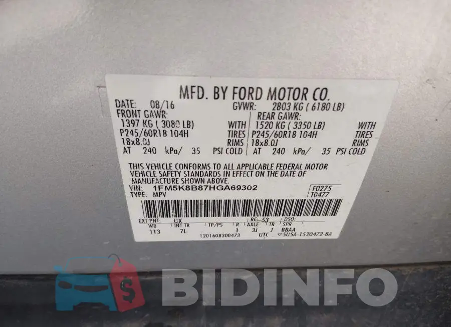 1FM5K8B87HGA69302 Photo# 9