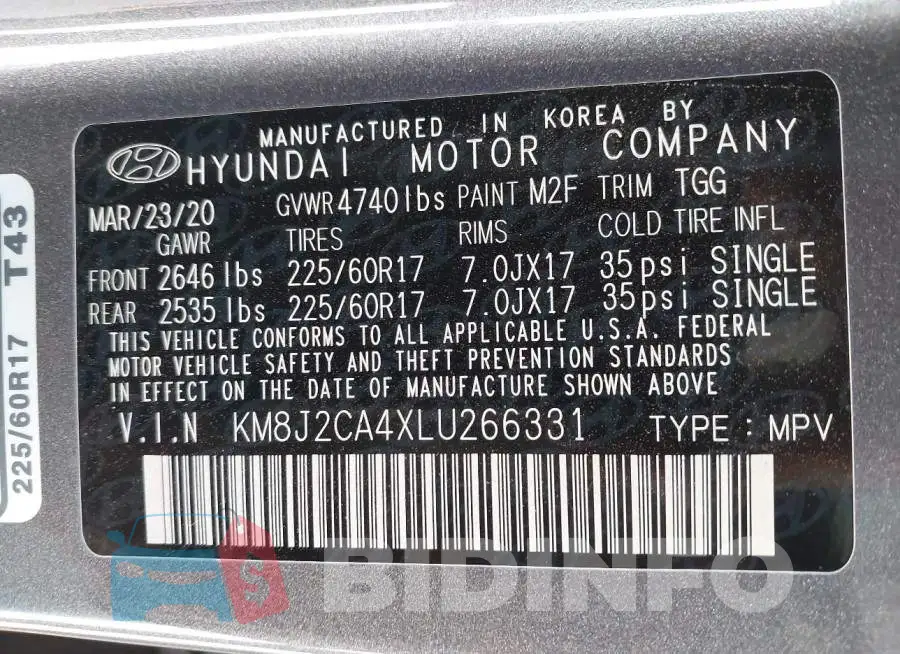 KM8J2CA4XLU266331 Photo# 9
