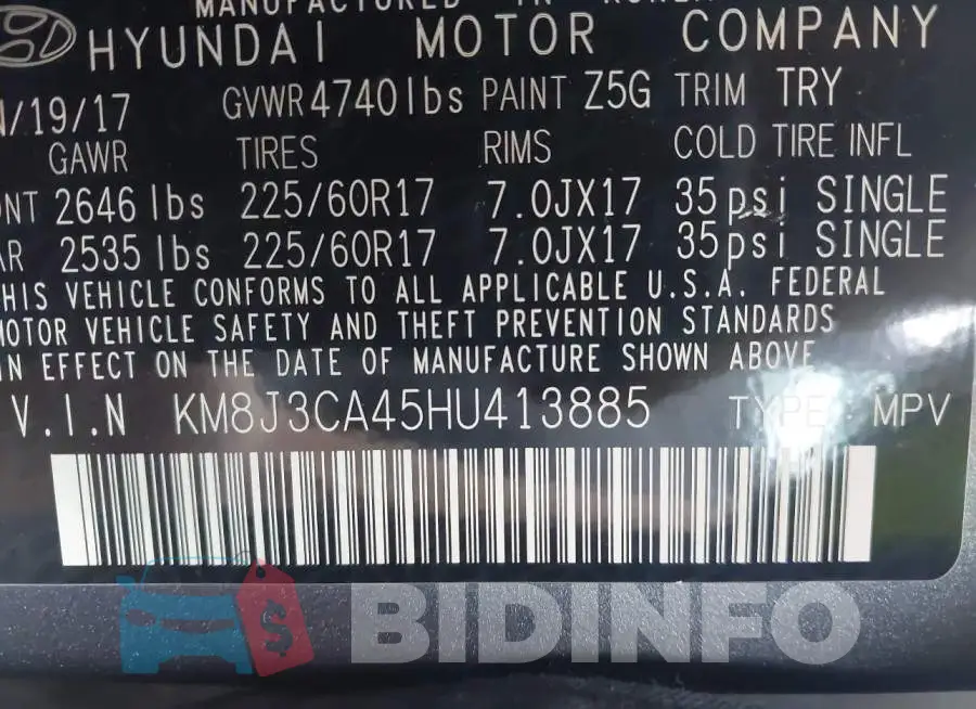 KM8J3CA45HU413885 Photo# 9