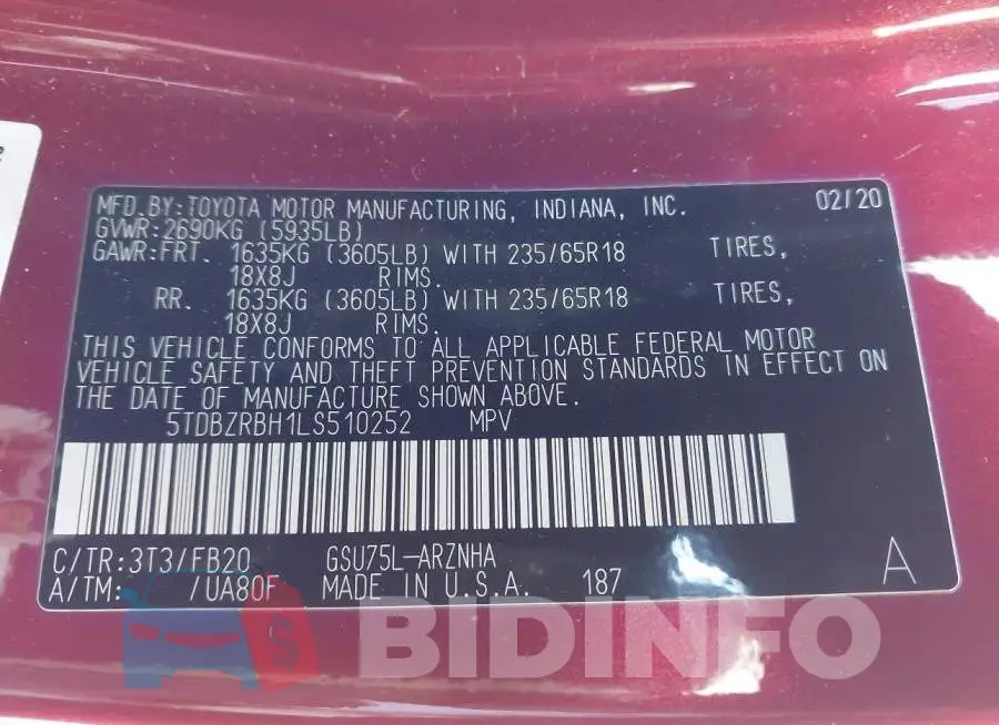 5TDBZRBH1LS510252 Photo# 9