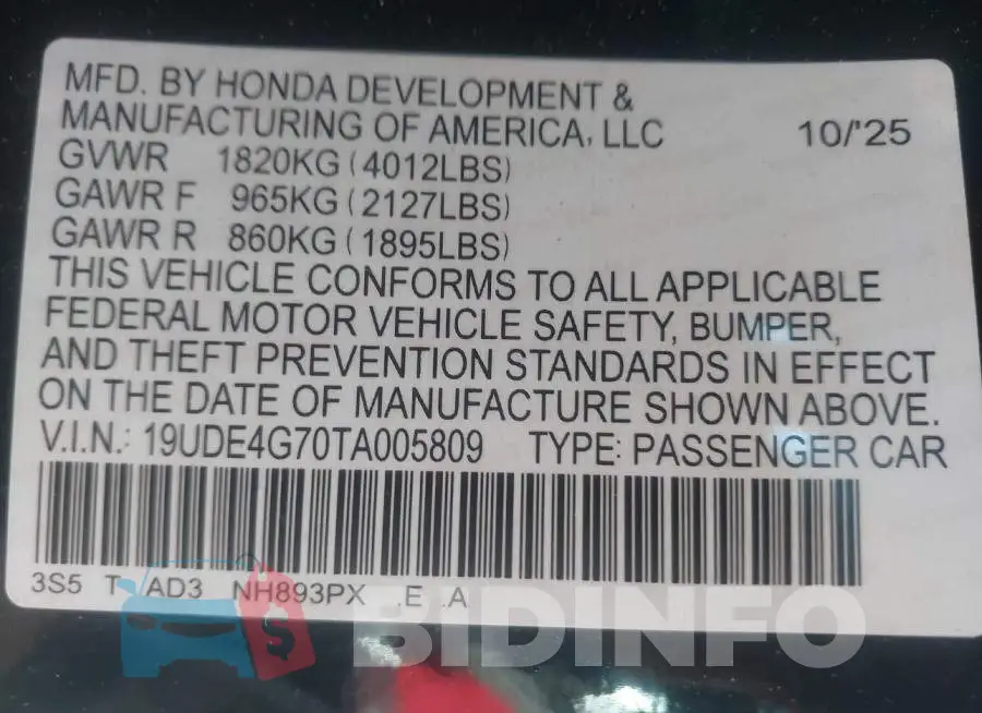19UDE4G70TA005809 Photo# 9