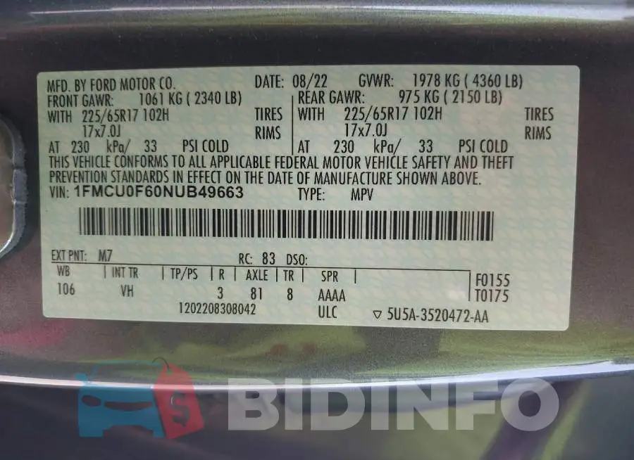 1FMCU0F60NUB49663 Photo# 9