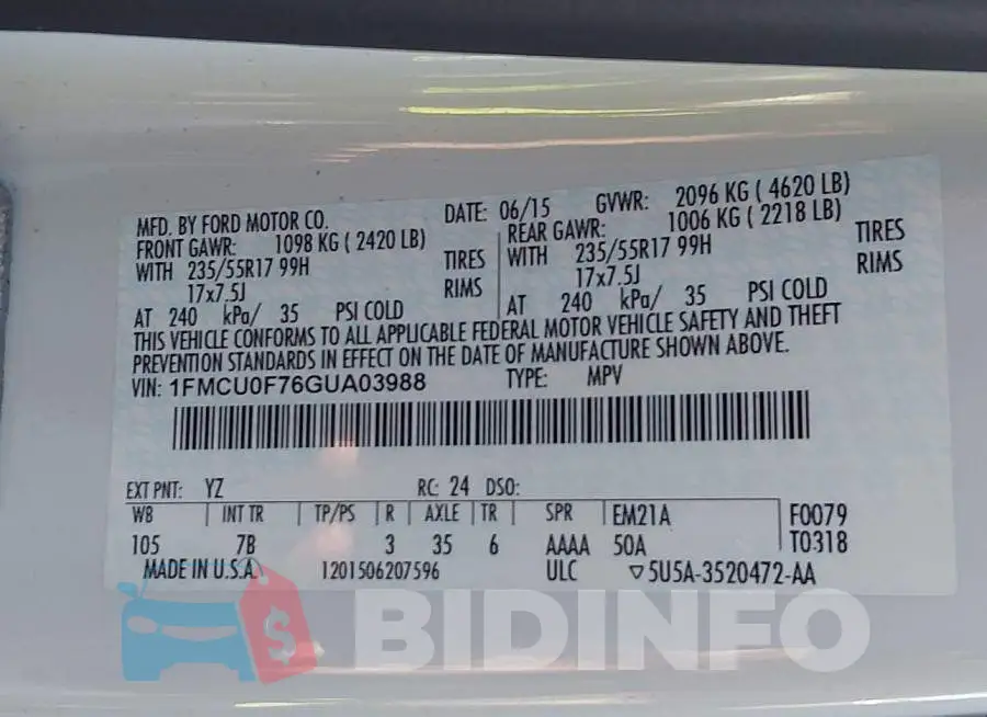 1FMCU0F76GUA03988 Photo# 9