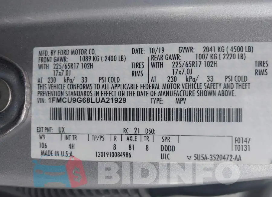 1FMCU9G68LUA21929 Photo# 9