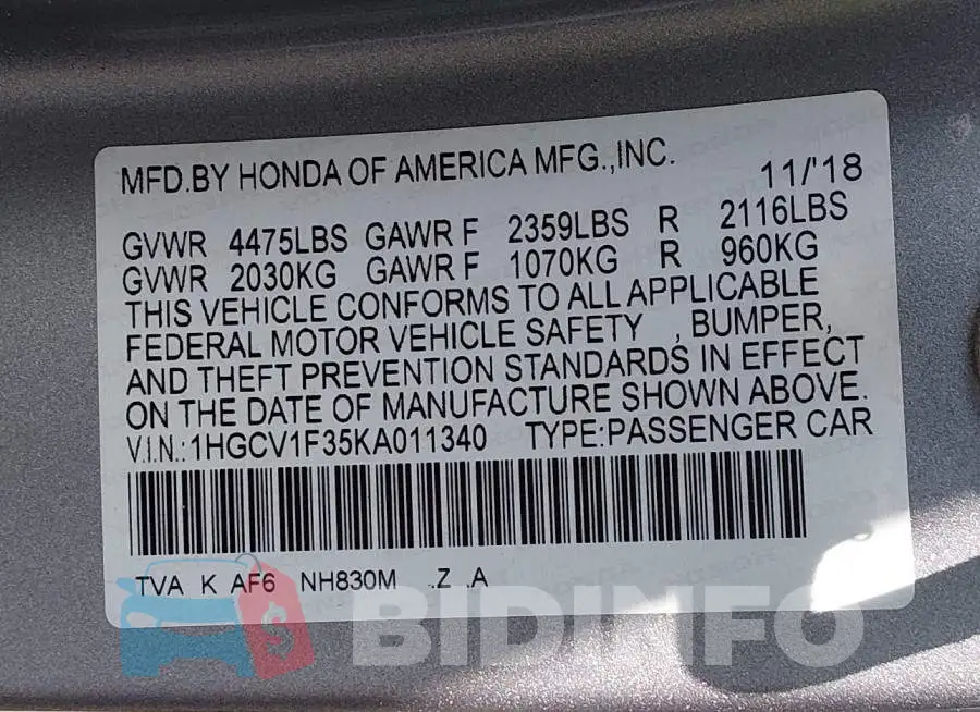 1HGCV1F35KA011340 Photo# 9