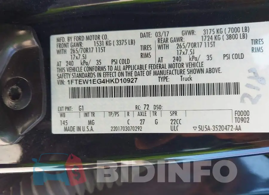 1FTEW1EG4HKD10927 Photo# 9