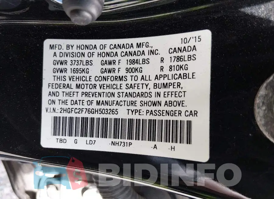 2HGFC2F76GH503265 Photo# 9