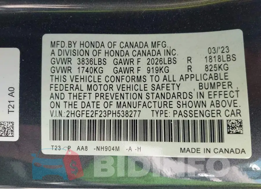 2HGFE2F23PH538277 Photo# 9