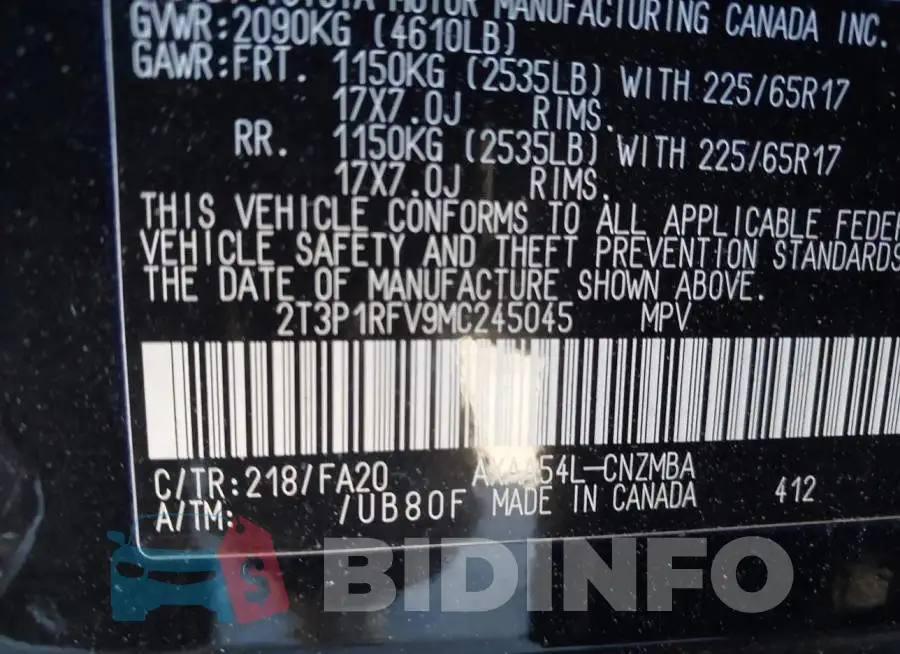 2T3P1RFV9MC245045 Photo# 9