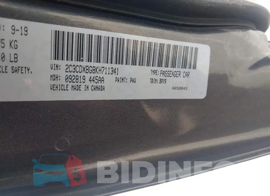 2C3CDXBG8KH711341 Photo# 9