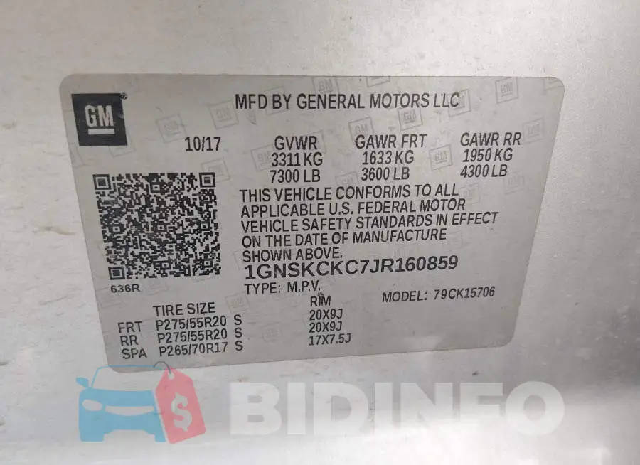 1GNSKCKC7JR160859 Photo# 9