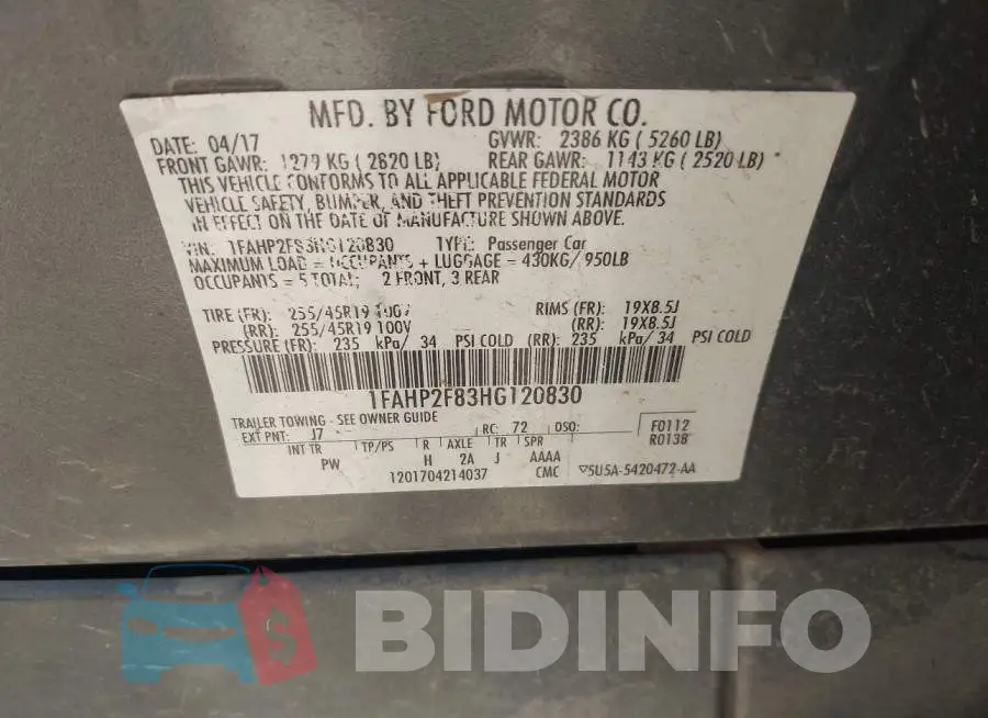 1FAHP2F83HG120830 Photo# 9