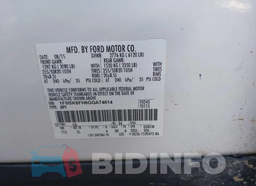 1FM5K8FH6GGA74614 Photo# 9