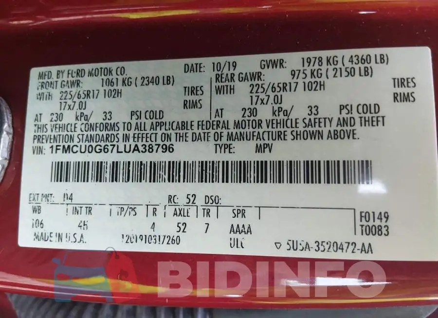 1FMCU0G67LUA38796 Photo# 9
