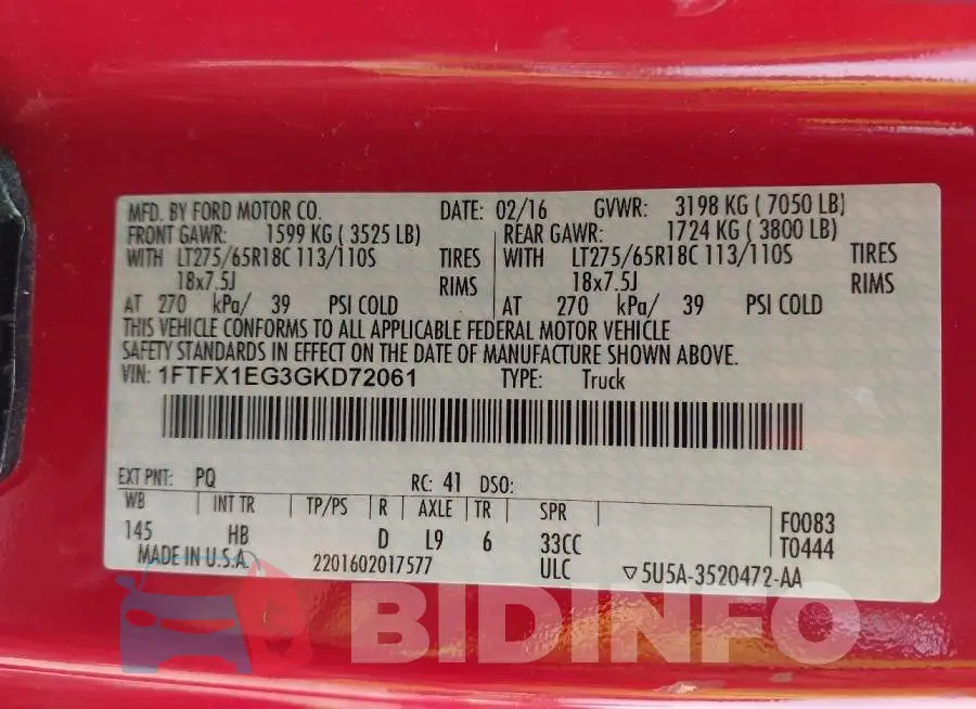1FTFX1EG3GKD72061 Photo# 9