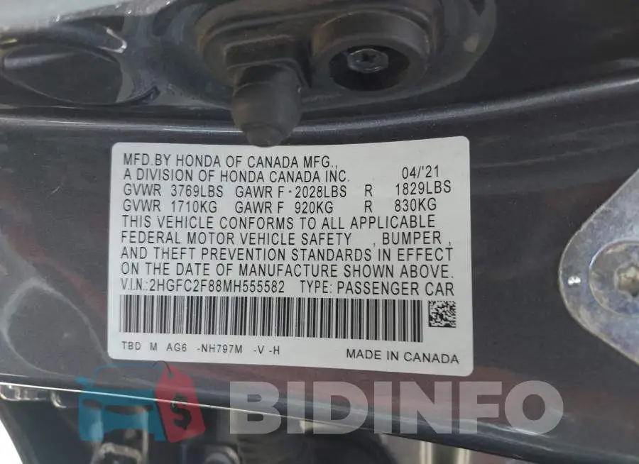 2HGFC2F88MH555582 Photo# 9