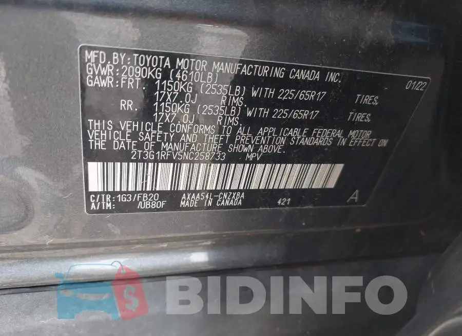 2T3G1RFV5NC258733 Photo# 9