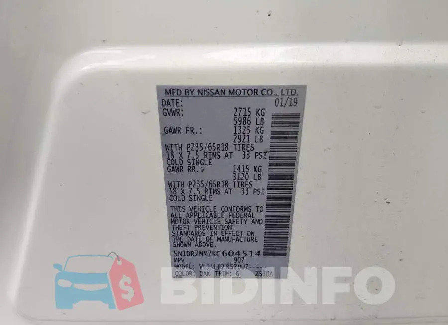 5N1DR2MM7KC604514 Photo# 9