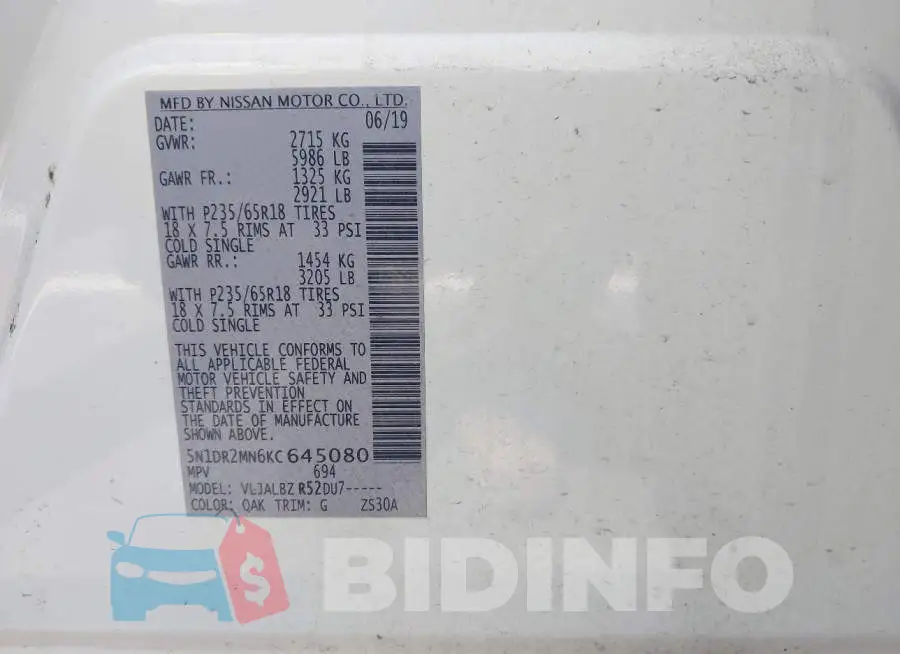5N1DR2MN6KC645080 Photo# 9