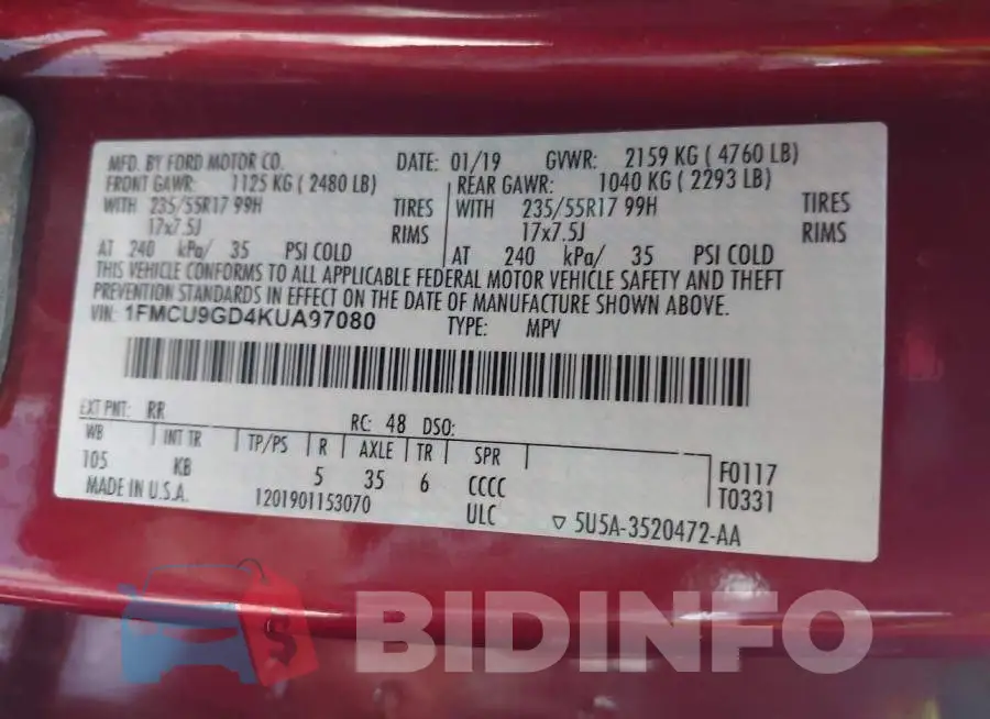 1FMCU9GD4KUA97080 Photo# 9