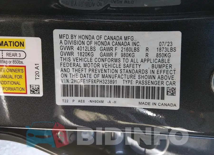 2HGFE1F9XPH323891 Photo# 9