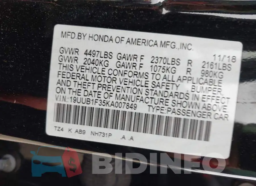 19UUB1F35KA007849 Photo# 9