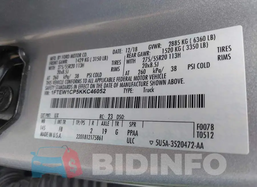 1FTEW1CP5KKC46052 Photo# 9