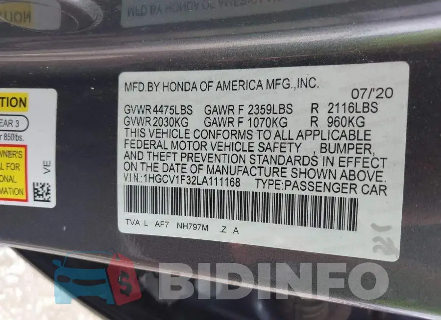 1HGCV1F32LA111168 Photo# 9