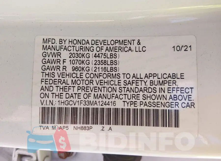 1HGCV1F33MA124416 Photo# 9