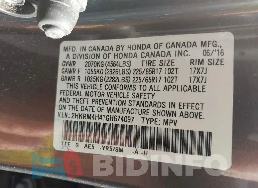 2HKRM4H41GH674097 Photo# 9