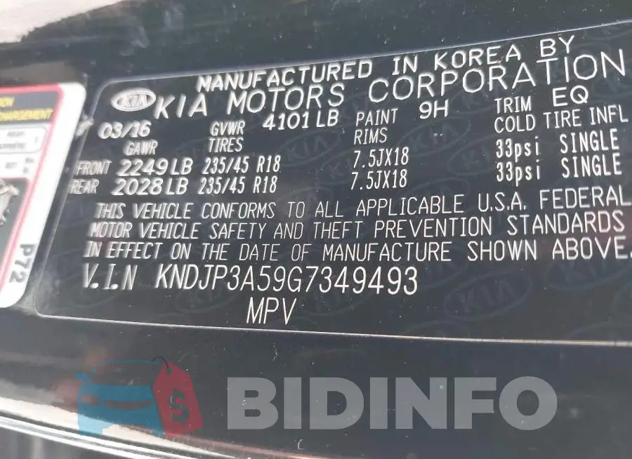 KNDJP3A59G7349493 Photo# 9