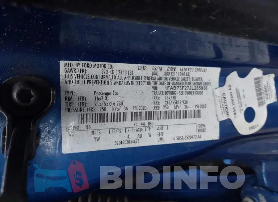 1FADP3F27JL285938 Photo# 9