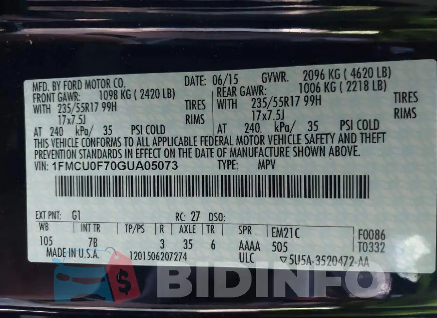 1FMCU0F70GUA05073 Photo# 9
