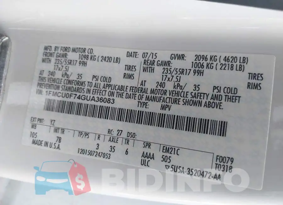 1FMCU0F74GUA36083 Photo# 9