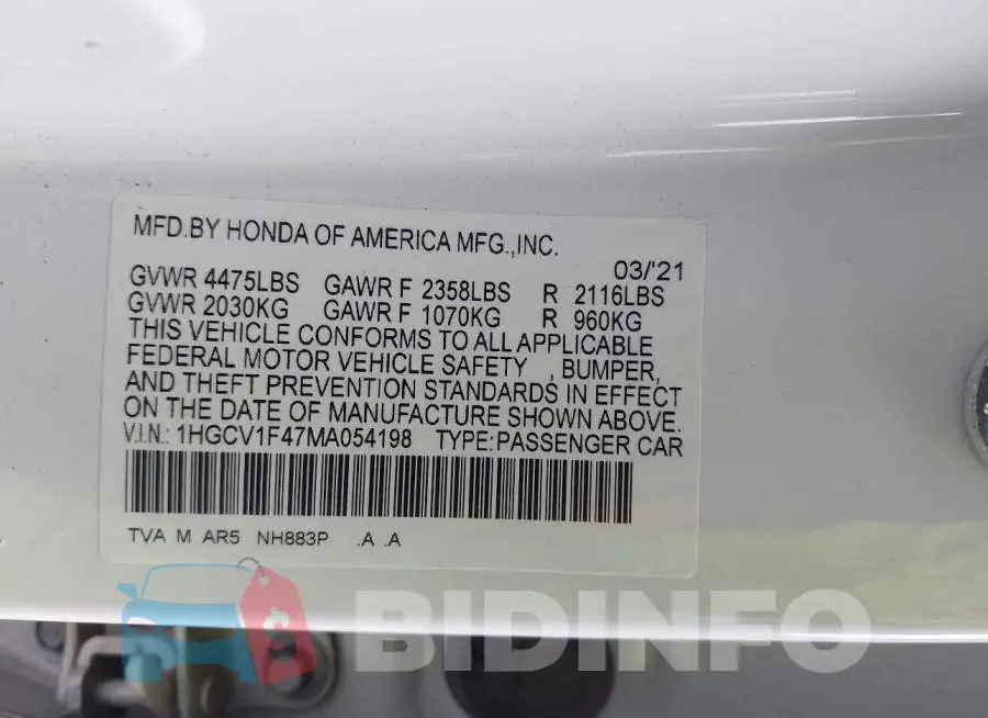 1HGCV1F47MA054198 Photo# 9
