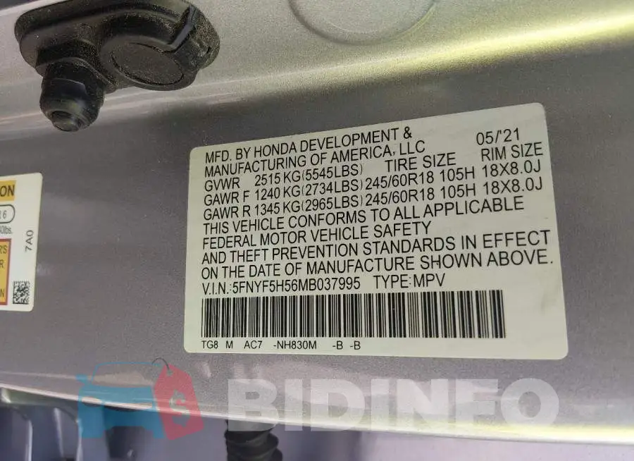 5FNYF5H56MB037995 Photo# 9