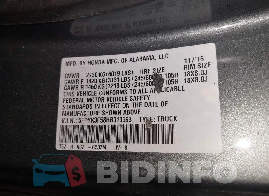 5FPYK3F58HB019563 Photo# 9