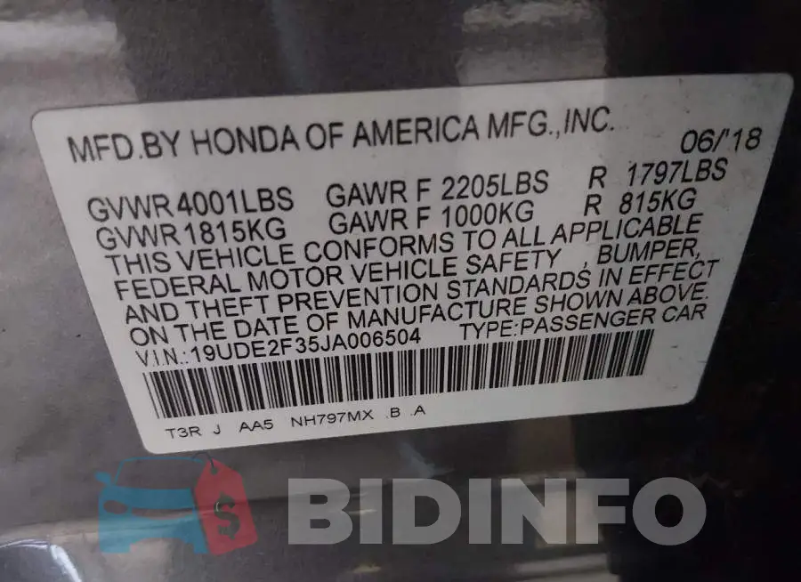 19UDE2F35JA006504 Photo# 9