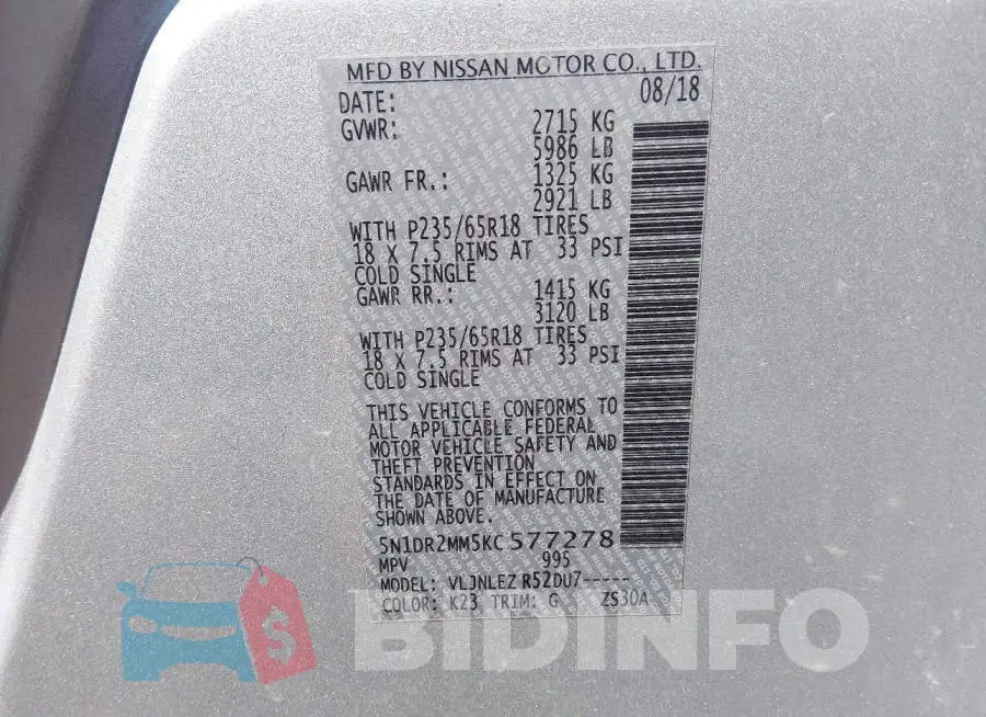 5N1DR2MM5KC577278 Photo# 9