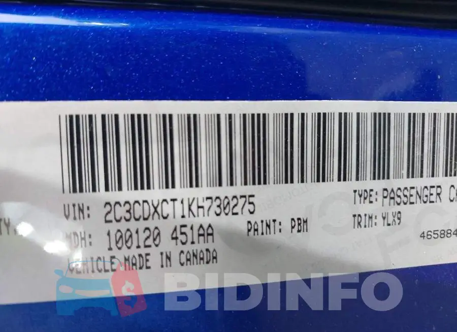2C3CDXCT1KH730275 Photo# 9